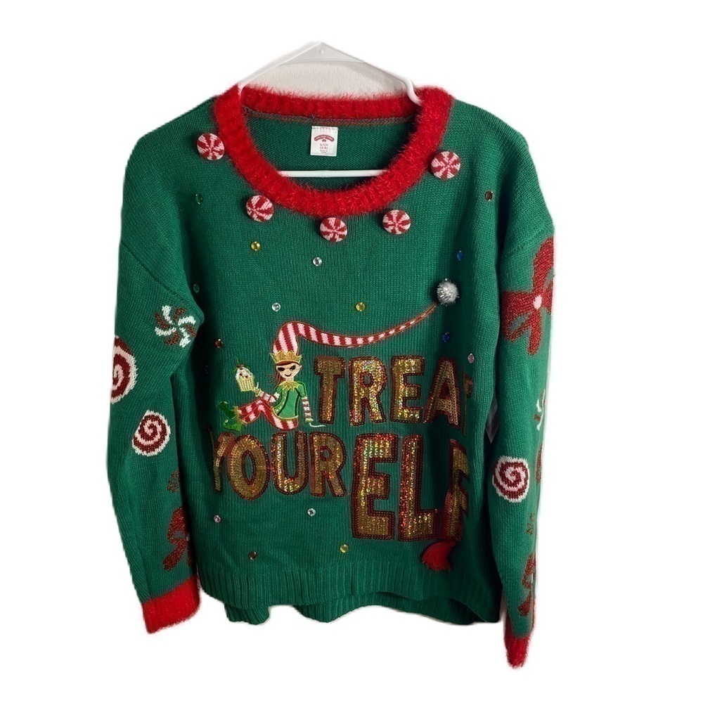 Treat Your Elf Ugly Christmas Sweater NEW Small Sequin Green Red 3D Candy Sweet